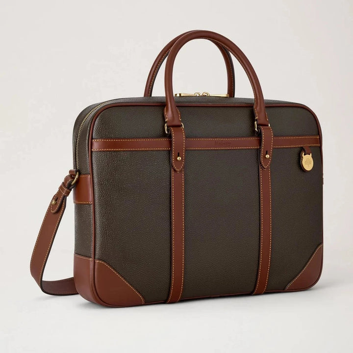 Mulberry Heritage Briefcase Scotchgrain Mole & Cognac, klassische Computertasche aus dunkelbraunem und cognacfarbenem Leder mit Griff und abnehmbarem Schultergurt. Modell HB5130127Q330.