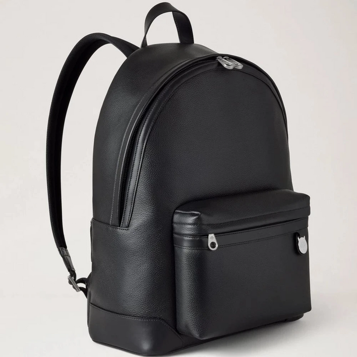 Mulberry Heritage-Rucksack mit Reißverschluss, schwarz, klein, klassisch genarbt, schwarzer Lederrucksack mit Vordertasche, Modell HH9925205A100.