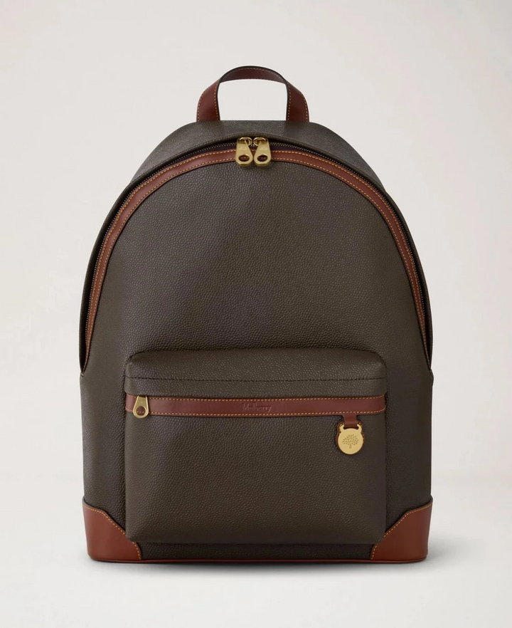 Mulberry Heritage-Rucksack mit Reißverschluss aus biobasiertem Scotchgrain in Maulwurf und Cognac aus braunem und cognacfarbenem Leder mit Vordertasche. Modell HS5215/127Q330