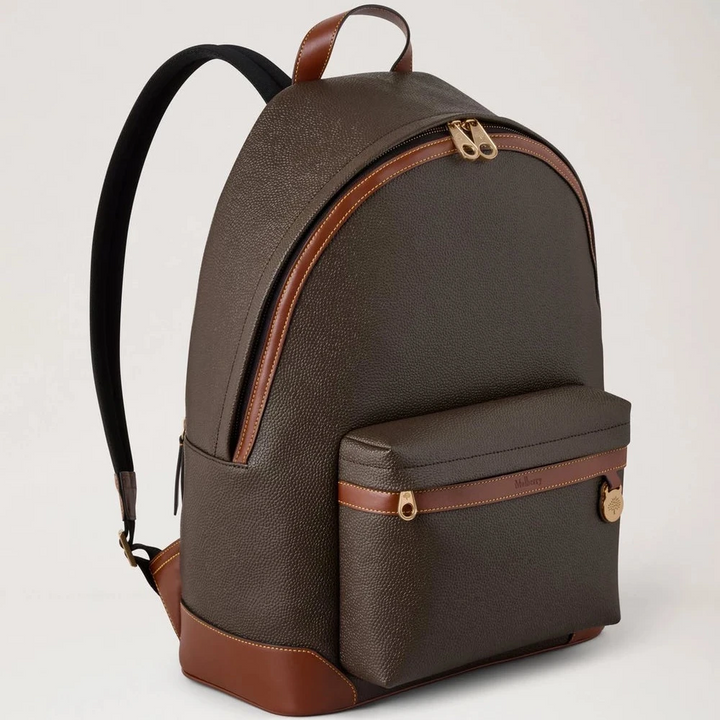 Mulberry Heritage-Rucksack mit Reißverschluss, Mole und Cognac, biobasierter Scotchgrain, brauner Rucksack mit Vorder- und Seitentaschen, Modell HS5215127Q330.