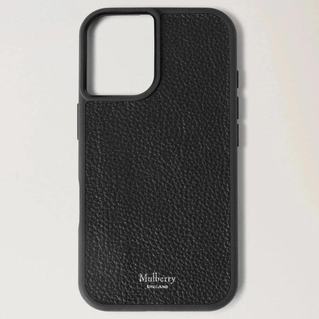 Mulberry iPhone 16 Cover schwarz zeigt elegantes schwarzes Ledercover mit Struktur für Smartphone, Modell RL8713205A100.