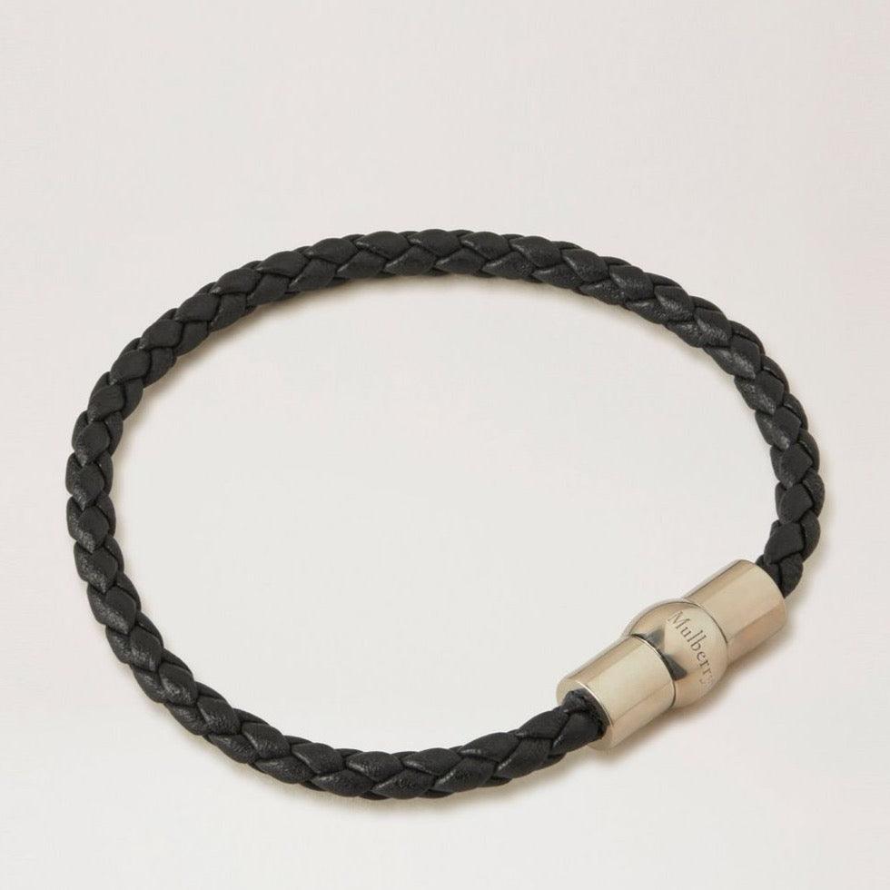 Mulberry Iris Unisex-Armband aus gewebtem Leder mit geflochtenem schwarzem Leder und silbernem Verschluss. Modell QB2389657A100-001