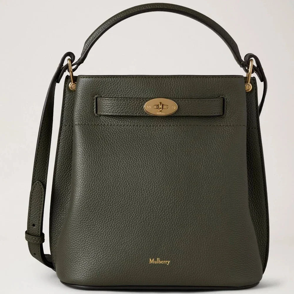 Mulberry Islington Bucket Juniper Green Small Classic Grain, elegante grüne Ledertasche mit goldenen Details. Modell hh9390205q749