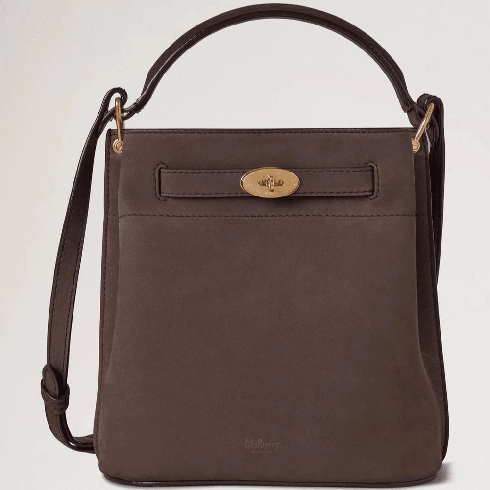 Mulberry Islington Bucket Nubuck Ebony zeigt braune Umhängetasche aus Nubuk mit goldenen Details. Modell HH9567687A110.