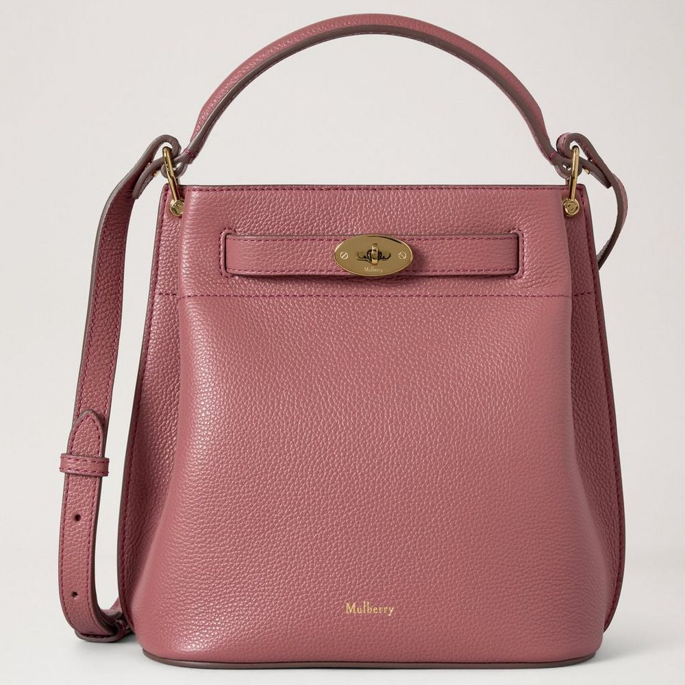 Mulberry Islington Eimer Pink Scrumpy Small Classic Grain von vorne gesehen aus rosa Leder mit goldenen Details. Modell hh9390205j647
