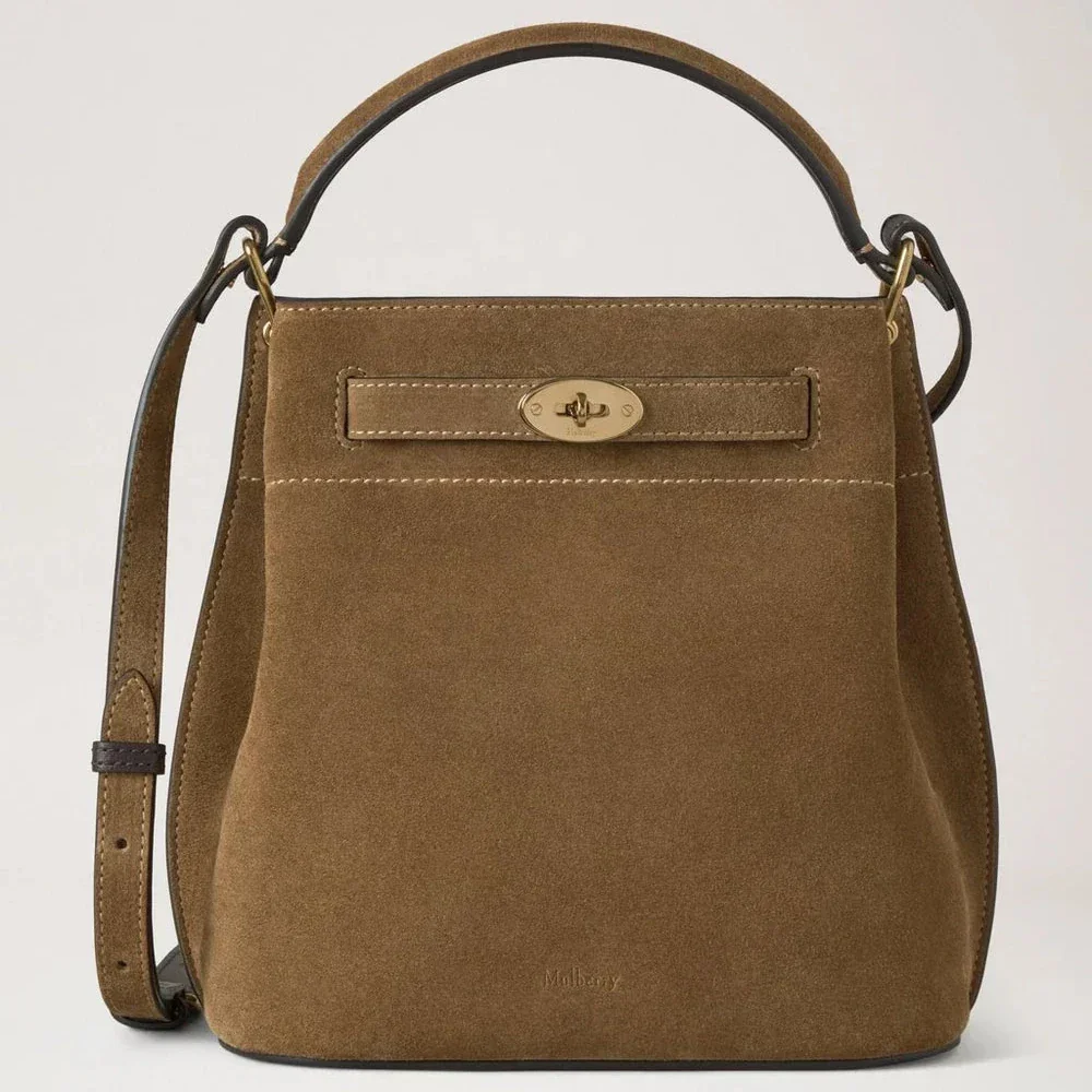 Mulberry Islington Eimer Salcombe Sand Wildleder, geräumige Umhängetasche aus braunem Wildleder mit goldener Schnalle. Modell HH9884047P705.