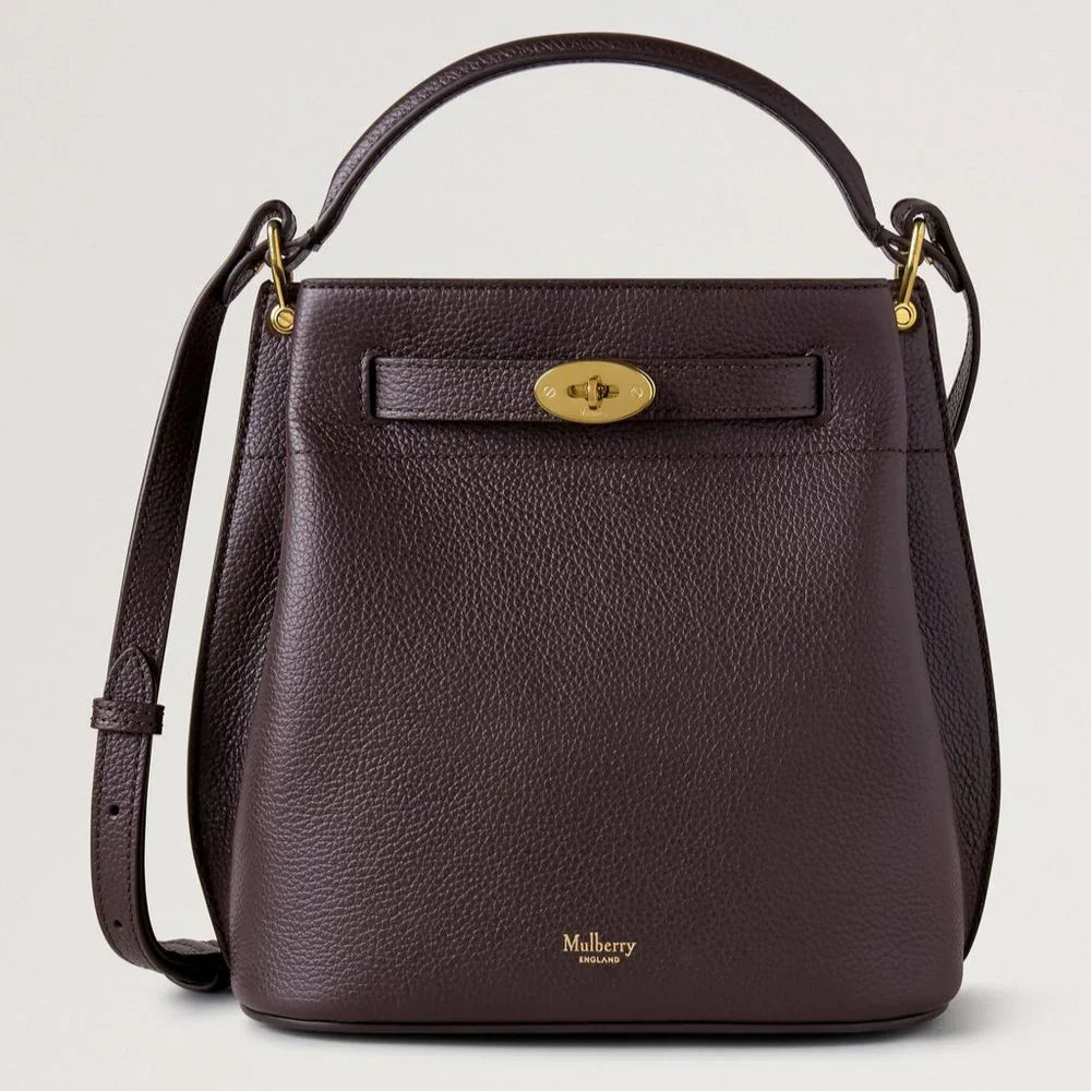 Mulberry Islington Bucket Small Classic Grain Ebony, braune Umhängetasche aus Leder mit goldenen Details. Modell hh9390205a110.