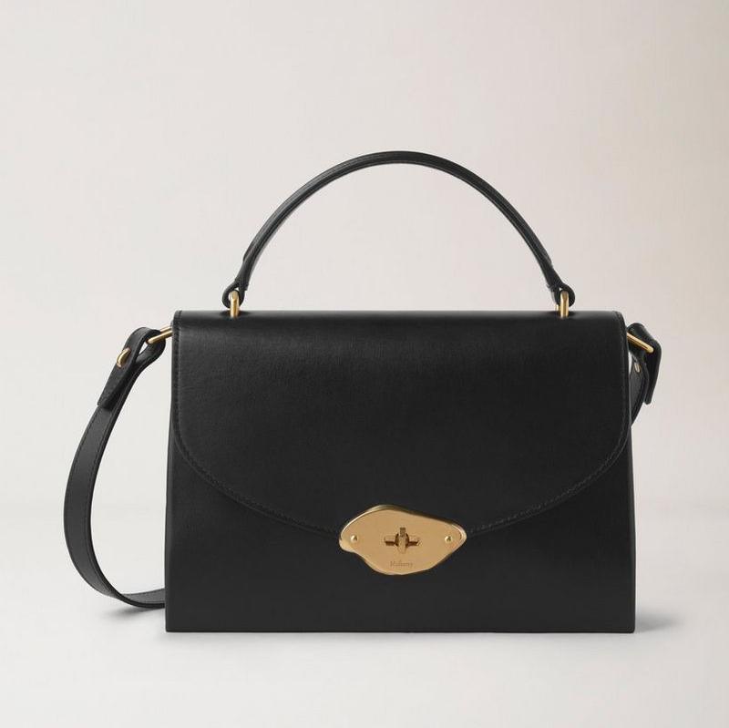Mulberry Lana Top Handle Black High Gloss Leather, klassische schwarze Handtasche aus glänzendem Leder mit goldenen Details. Modell hh9267615a100.