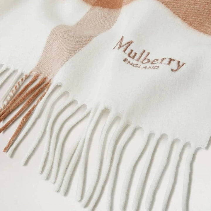 Mulberry Großer karierter Schal aus Merinowolle mit hellbeiger und weiß karierter Wolle, Fransen und gesticktem Logo. Modell VS4295889E640.