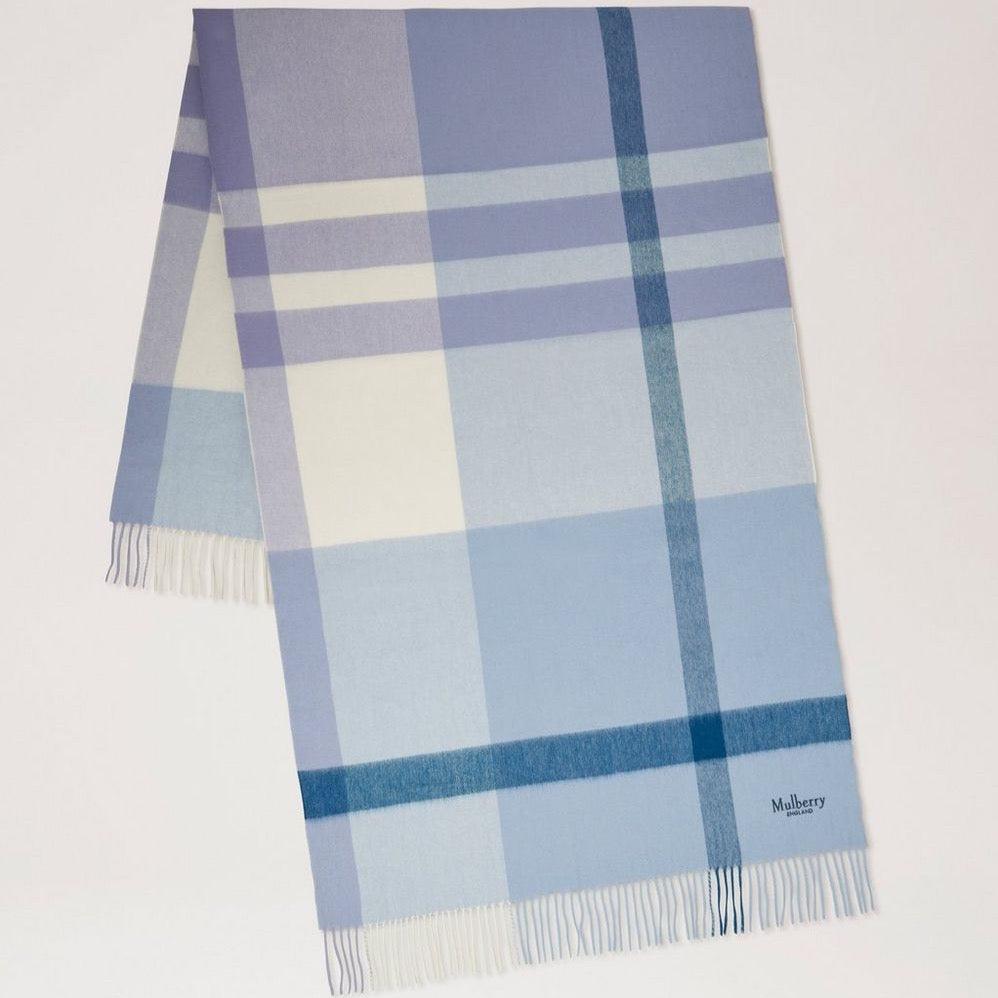 Mulberry Großer karierter Merinowolle-Schal Popeline Blau-Weiß aus blau-weiß karierter Wolle, Modell VS4295889U910.
