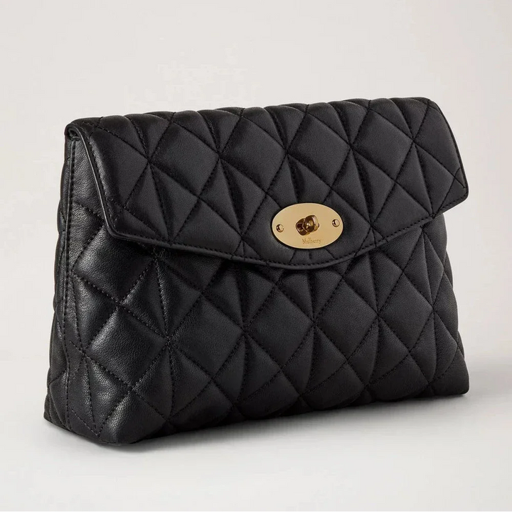 Mulberry Groß Darley Kosmetiktasche aus schwarzem gestepptem Leder mit goldener Schnalle. Modell RL8897676A100.