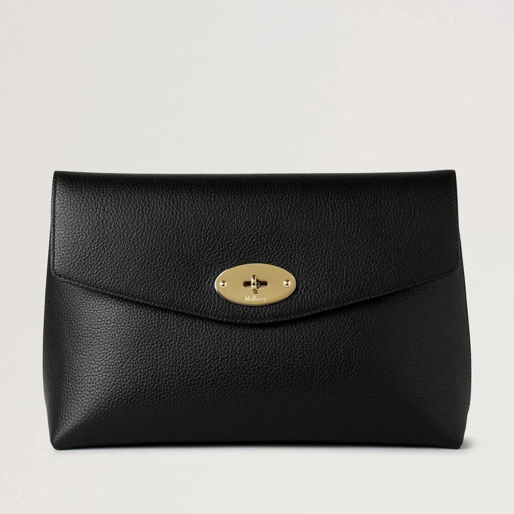 Mulberry Groß Darley Kosmetiktasche Black Small Classic Grain mit goldenem Verschluss, schwarzes Leder. Modell RL8849205A100