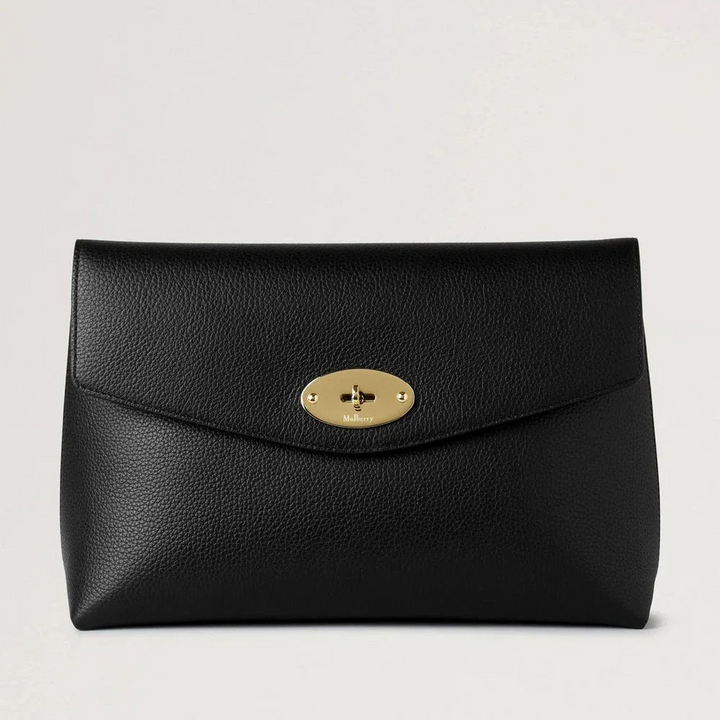 Mulberry Groß Darley Kosmetiktasche Black Small Classic Grain mit goldenem Verschluss, schwarzes Leder. Modell RL8849205A100