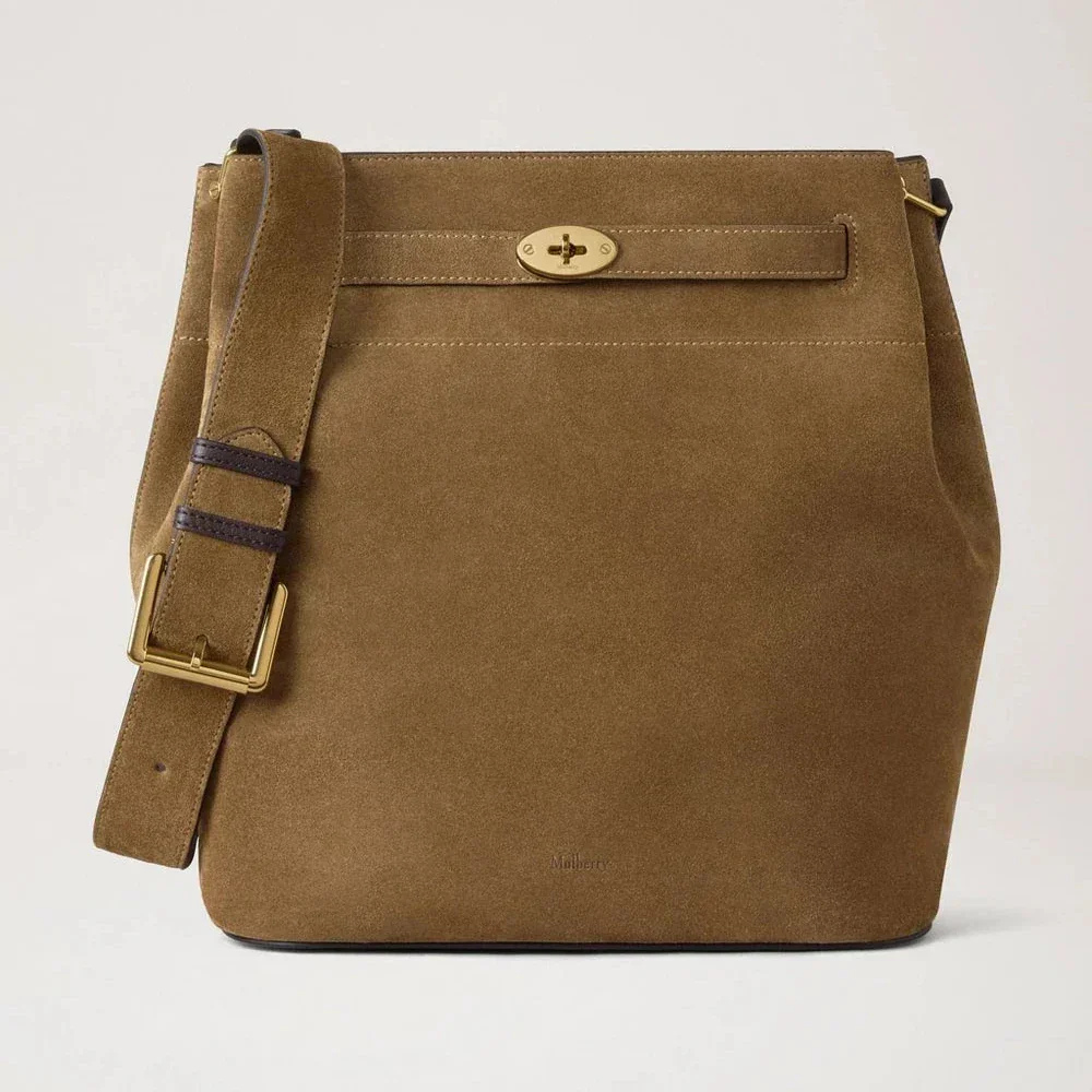Mulberry Groß Islington Eimertasche „Salcombe Sand Wildleder“ aus sandfarbenem Wildleder mit breitem Schultergurt. Modell HH9883047P705