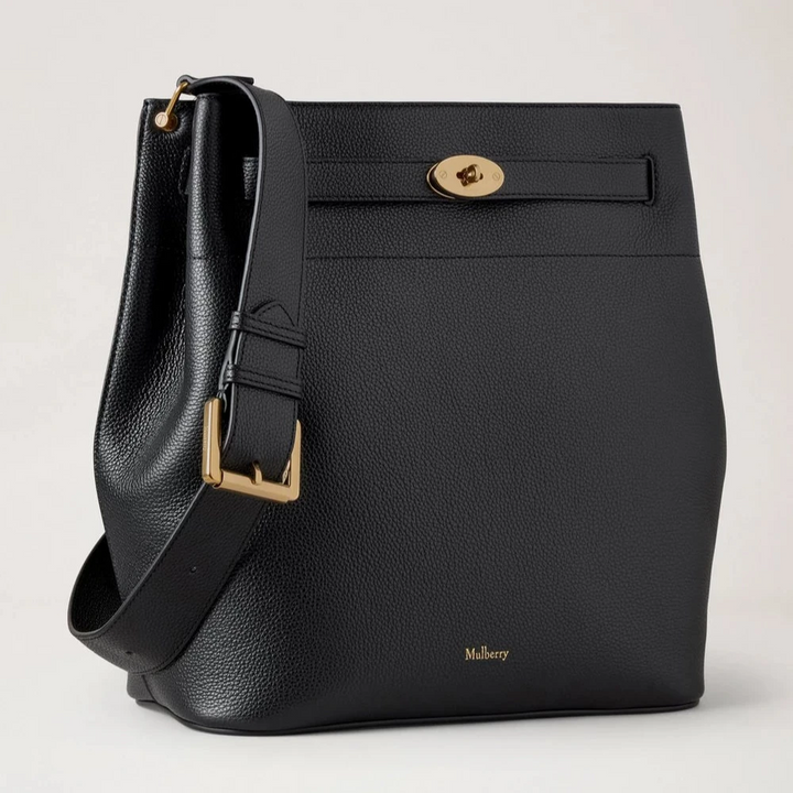 Mulberry Groß Islington Bucket Small Classic Grain Black Tasche aus schwarzem Leder mit goldenen Details, Modell hh9825205a100.