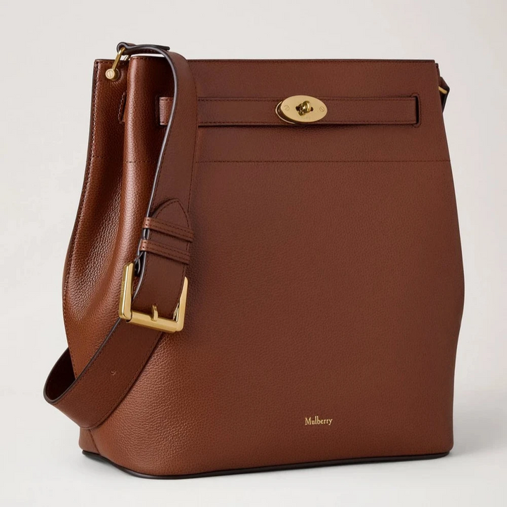 Mulberry Groß Islington Bucket Small Classic Grain Two Tone Oak Umhängetasche aus braunem Leder mit goldener Schnalle. Modell HH9826552G110.
