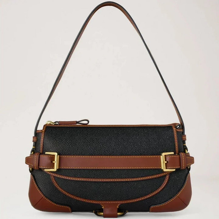 Mulberry Lennox Umhängetasche aus biobasiertem Scotchgrain in Schwarz und Cognac mit Details, Modell HH0015127A340.