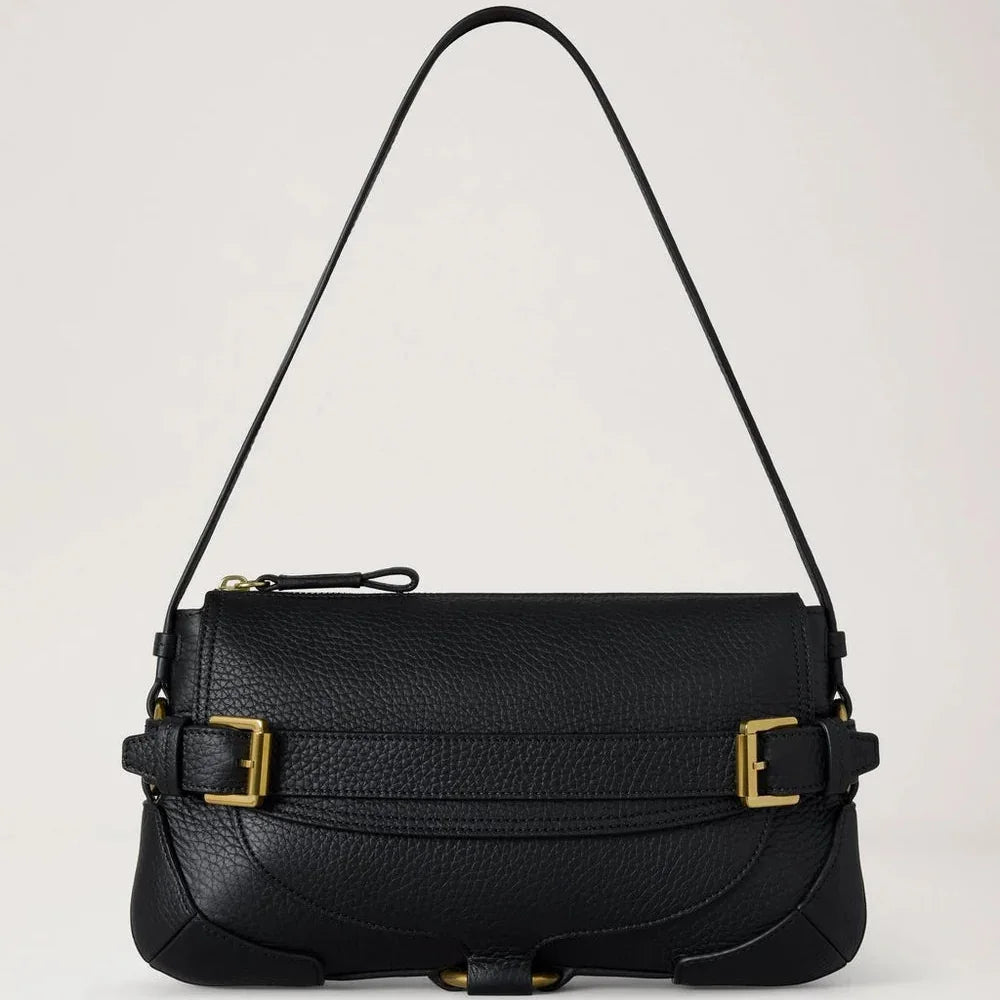 Mulberry Lennox Shoulder Heavy Grain Black Umhängetasche aus schwarzem Leder mit goldfarbenen Schnallen, Modell hh0030736a100