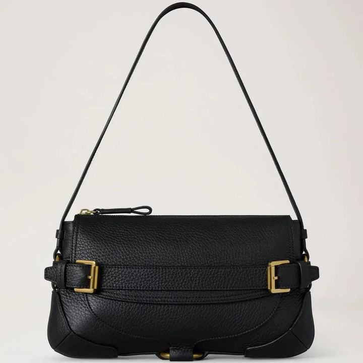 Mulberry Lennox Shoulder Heavy Grain Black Umhängetasche aus schwarzem Leder mit goldfarbenen Schnallen, Modell hh0030736a100