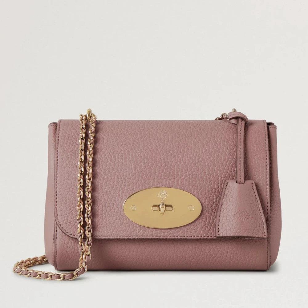 Mulberry Lily Autumn Rose Heavy Grain Umhängetasche aus rosafarbenem Leder mit goldener Kette und Verschluss, Modell HH6950736J997.