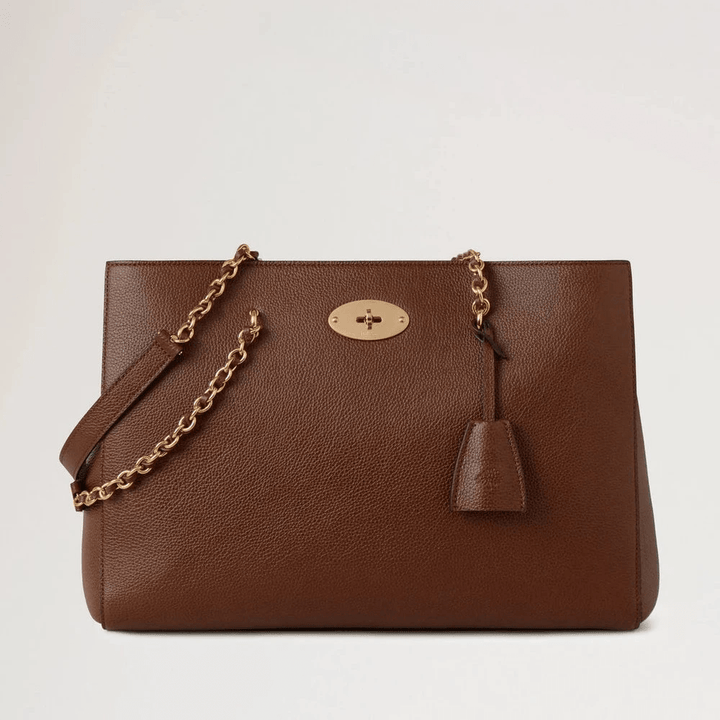 Mulberry Lily Chain Tote Kleine, klassische, zweifarbige, braune Ledertasche aus gemaserter Eiche mit goldener Kette und Details. Modell HH9577552G110