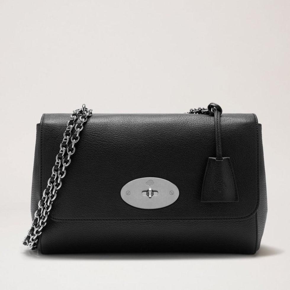 Mulberry Mittel Lily Glossy Goat Black Silver-Toned Shoulder Bag in Black Leather with Chain Strap, Model HH2557874A237