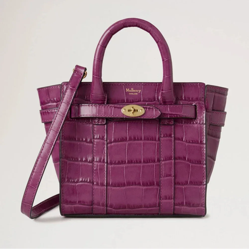 Mulberry Mikro-Reißverschluss Bayswater Orchid Bloom Shiny Small Croc, lila Handtasche aus Leder mit Krokoprägung und goldener Schnalle. Modell rl8691641j512