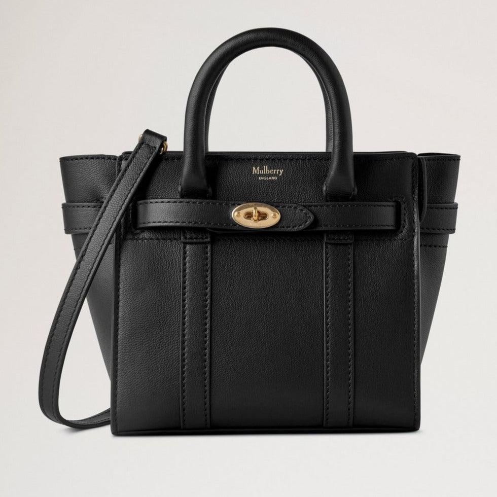 Mulberry Mikro-Reißverschluss Bayswater Kleine Classic Grain Black Handtasche aus schwarzem Leder mit goldenen Details. Modell rl8237587a100