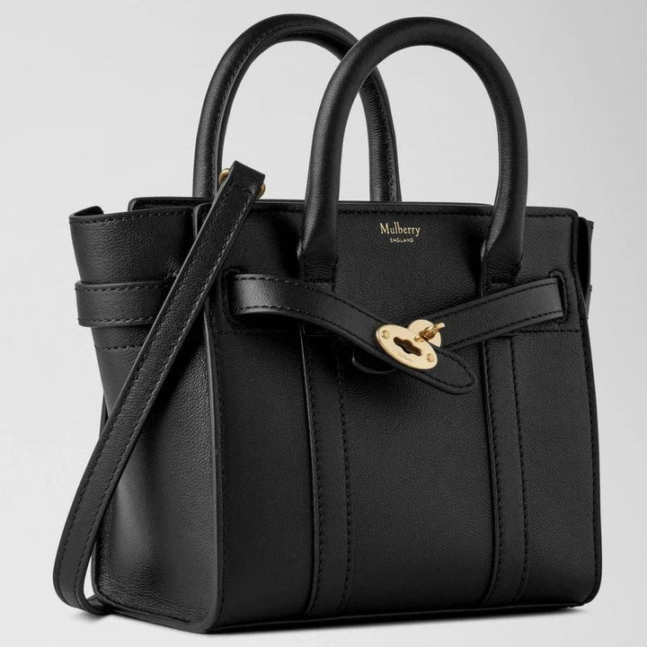 Mulberry Mikro-Reißverschluss Bayswater Kleine Classic Grain Black Handtasche aus schwarzem Leder mit goldenen Details, Modell rl8237587a100.