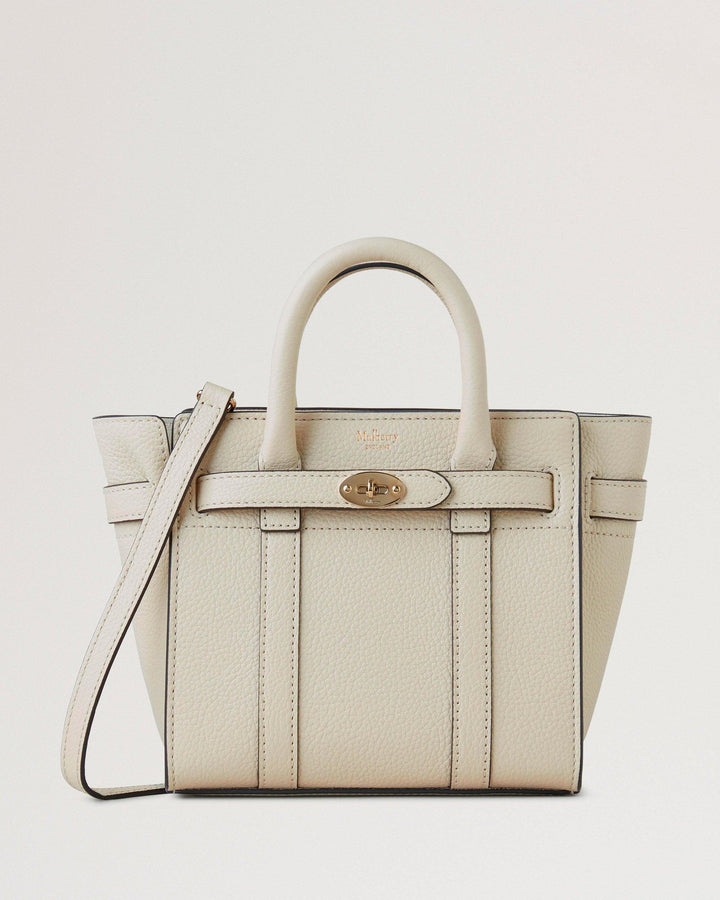 Mulberry Mikro-Reißverschluss Bayswater Kleine klassische Grain-Kreide, Vorderansicht einer leichten Ledertasche mit Griff und Schultergurt, Modell RL5476/205W160