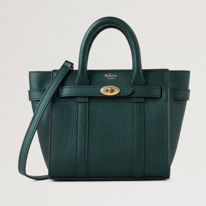 Mulberry Mikro-Reißverschluss Bayswater Kleine klassische Körnung Mulberry Grün zeigt eine grüne Ledertasche mit goldener Schnalle, Modell RL5476/205Q633
