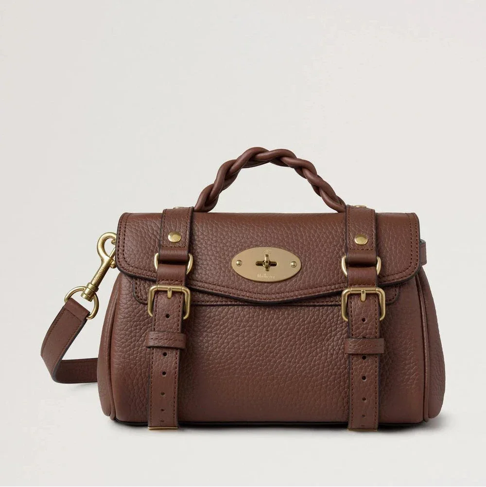 Mulberry Mini Alexa Bright Oak Heavy Grain, braune Ledertasche mit geflochtenem Griff und goldenen Details. Modell rl6595736g222.