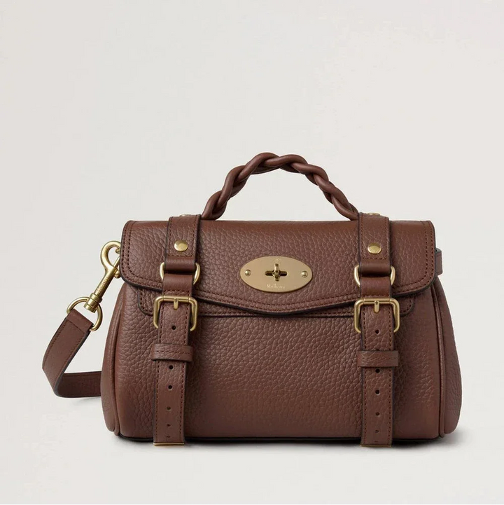 Mulberry Mini Alexa Bright Oak Heavy Grain, braune Ledertasche mit geflochtenem Griff und goldenen Details. Modell rl6595736g222.