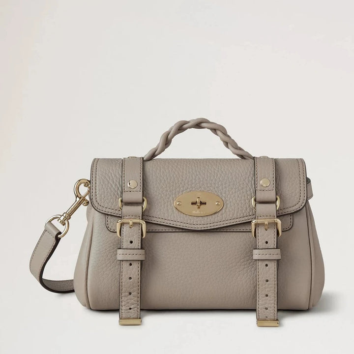 Mulberry Mini Alexa Cashmere Taupe Heavy Grain, Umhängetasche aus beigem Leder mit geflochtenem Griff. Modell RL6595736F924.