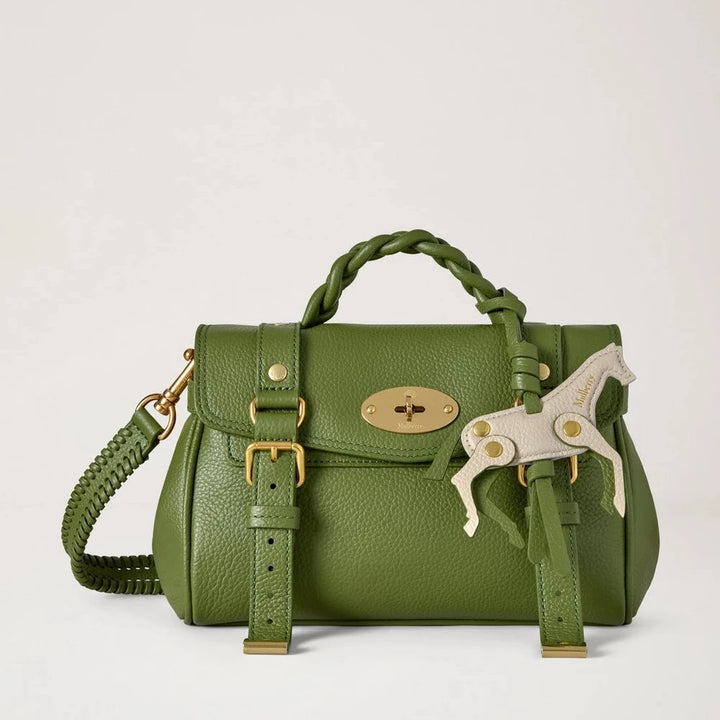 Mulberry Mini Alexa Chalk Horse Farn und Chalk Kleine klassische Grain-Tasche aus grünem Leder mit weißem Pferdeanhänger. Modell rl9021205q760