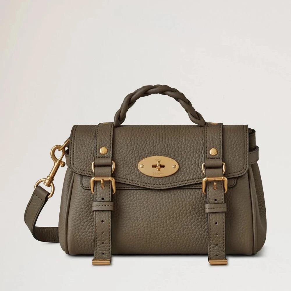Mulberry Mini Alexa Heavy Grain Linen Green Umhängetasche aus genarbtem grünem Leder mit geflochtenem Griff und goldenen Schnallen. Modell RL6595736R563