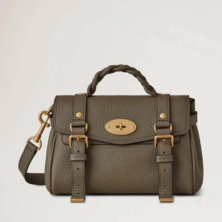Mulberry Mini Alexa Heavy Grain Linen Green Umhängetasche aus genarbtem grünem Leder mit geflochtenem Griff und goldenen Schnallen. Modell RL6595736R563