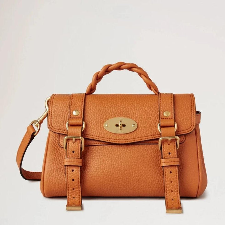 Mulberry Mini Alexa Heavy Grain Sunset, kleine Umhängetasche aus dunkelorangefarbenem Leder mit Flechtdetail am Griff. Modell rl6595736n691