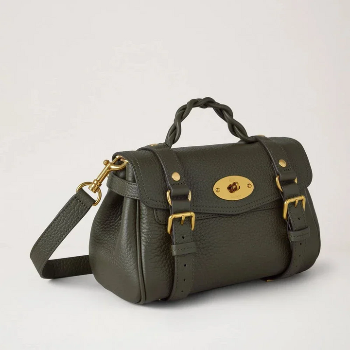 Mulberry Mini Alexa Juniper Green Heavy Grain, kleine Handtasche mit grüner Prägung und goldenen Details. Modell RL6595736Q749