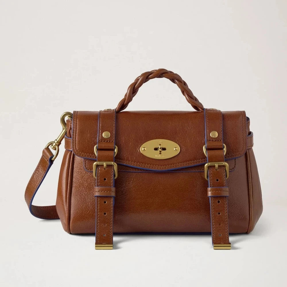Mulberry Mini-Alexa-Umhängetasche aus Eiche und pigmentblauem, glattem, glänzendem Leder in Braun mit geflochtenem Griff. Modell RL9022562G231