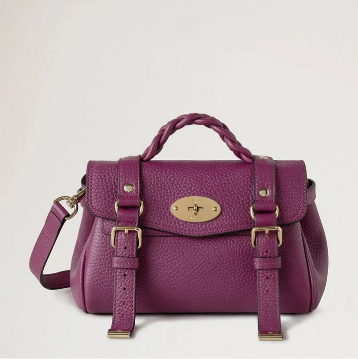 Mulberry Mini Alexa Orchid Bloom Heavy Grain Ledertasche in Lila mit geflochtenem Griff und Schnallen. Modell RL6595736J512