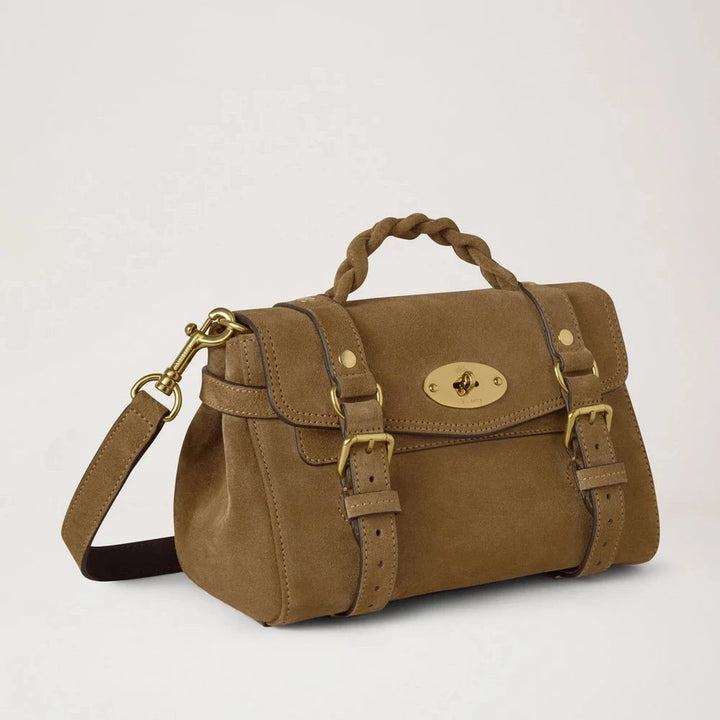 Mulberry Mini Alexa Salcombe Sand Wildleder Umhängetasche aus sandfarbenem Wildleder mit geflochtenem Griff. Modell RL8924731P705.