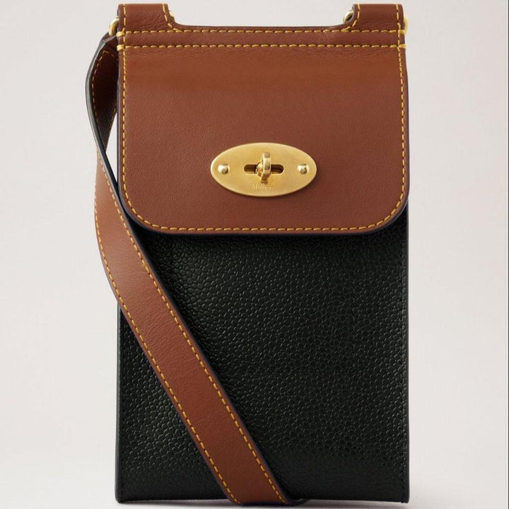 Mulberry Mini Antony Beutel Eco Scotchgrain schwarz/cognac mit verstellbarem Riemen und goldenem Verschluss, Modell RL7772127A340.