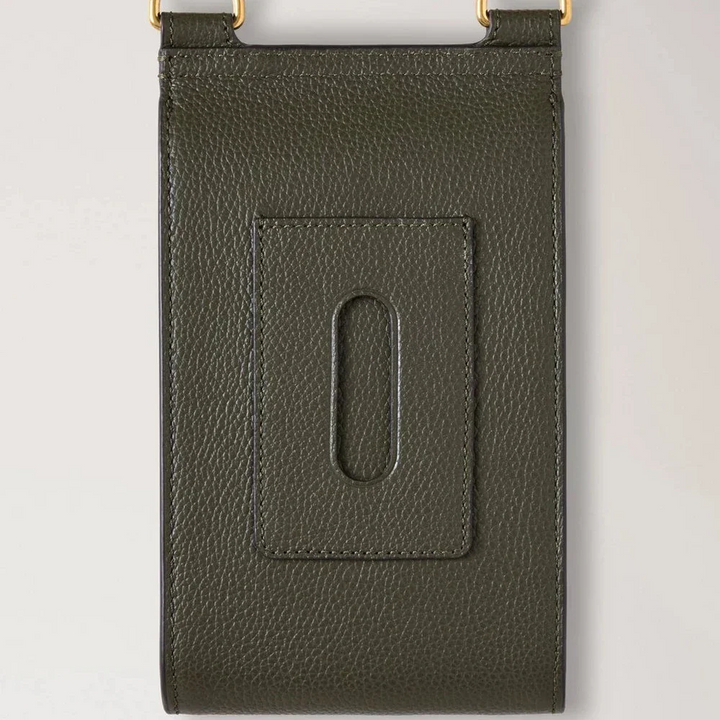 Mulberry Mini Antony Beutel Small Classic Grain aus wacholdergrünem Leder, Detail auf der Rückseite. Modell RL6872/205Q749