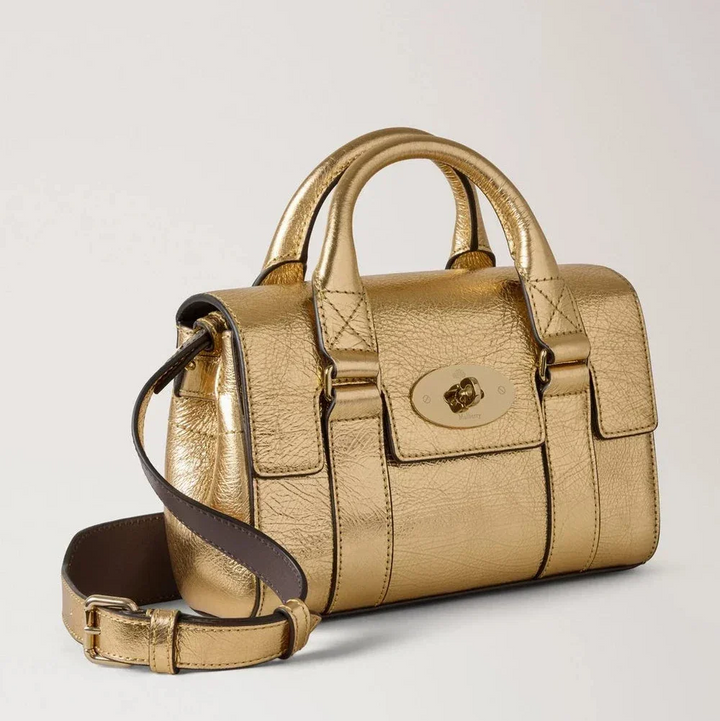 Mulberry Mini-Erbe Bayswater Metallische Somerset Gold-Handtasche aus goldenem Leder mit Schulterriemen, Modell RL8918757Z098.