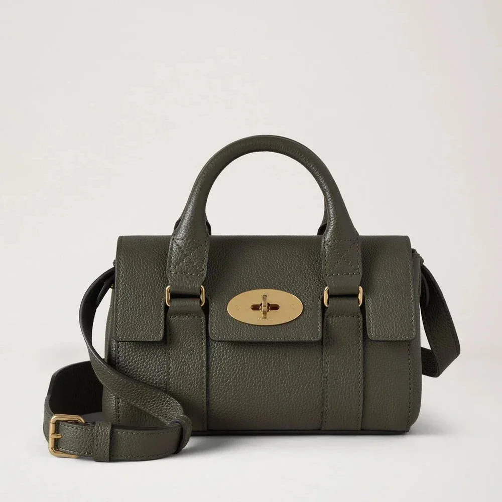 Mulberry Mini-Erbe Bayswater Kleine Handtasche aus klassischem, genarbtem Wacholdergrün mit goldener Schnalle. Modell RL8928205Q749