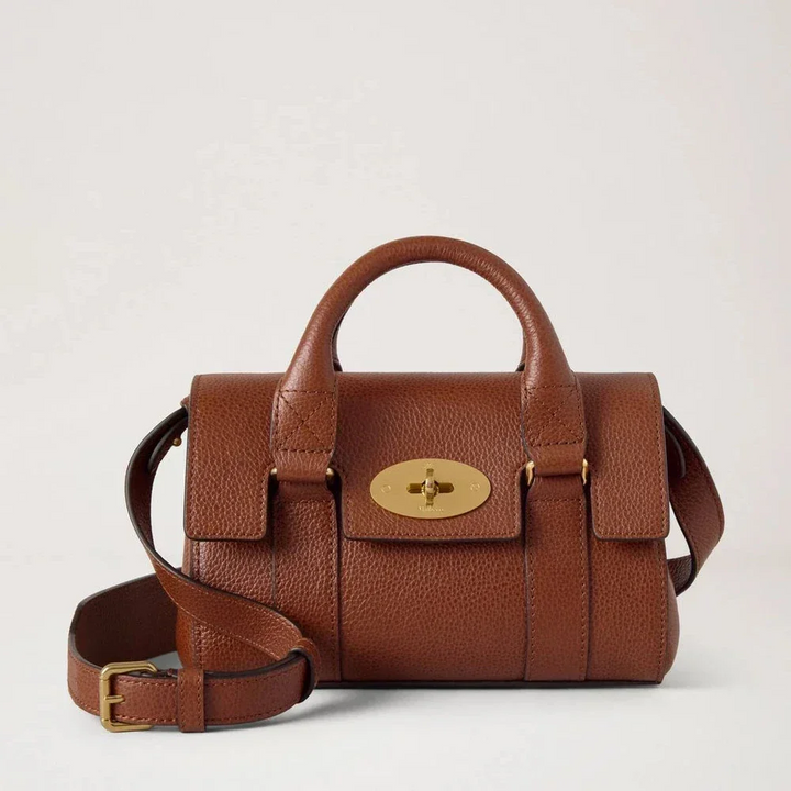 Mulberry Mini-Erbe Bayswater Zweifarbige Tasche aus braunem Eichenleder mit goldenem Verschluss und Schultergurt. Modell RL8930554G110.