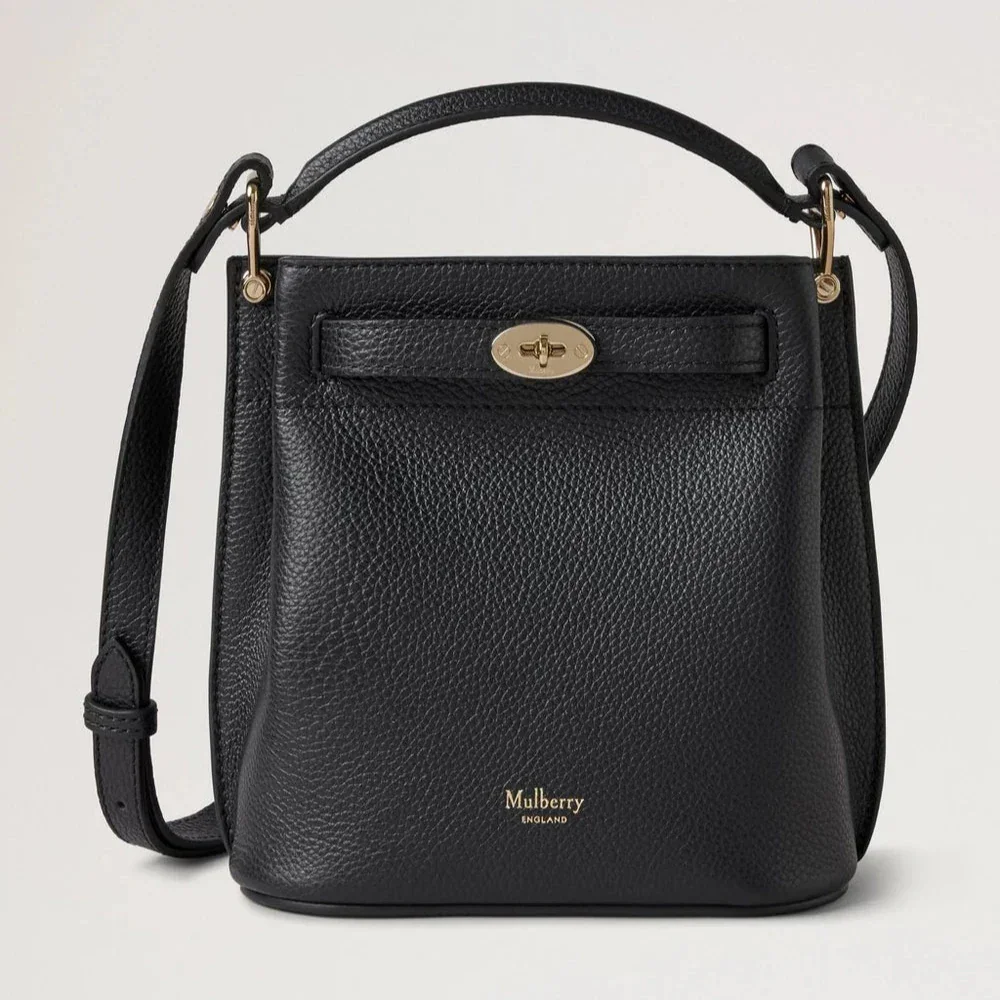 Mulberry Mini Islington Bucket Small Classic Grain Black, elegante Umhängetasche aus schwarzem Leder mit goldener Schnalle. Modell rl8803205a100