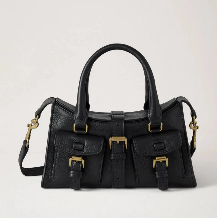 Mulberry Mini Roxanne High Shine Leather Black, stilvolle schwarze Ledertasche mit Doppelgriff, Vordertaschen und Messingdetails. Modell HH9888213A100
