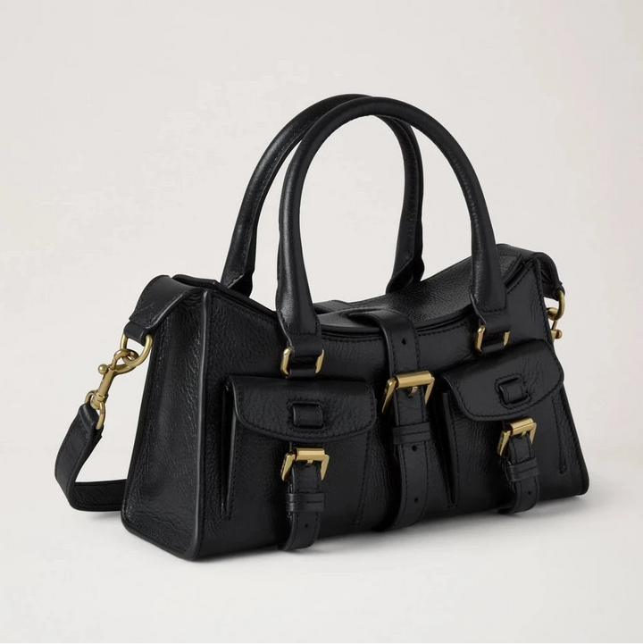 Mulberry Mini Roxanne High Shine Leather Black, Umhängetasche aus schwarzem Leder mit goldfarbenen Schnallen. Modell hh9888213a100